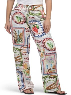 Rachel Zoe Linen Tropical Summer Print Palazzo Wide Leg Pants